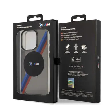 BMW iPhone 15 Pro MagSafe Hard Case - M Tricolor Stripes - Grey