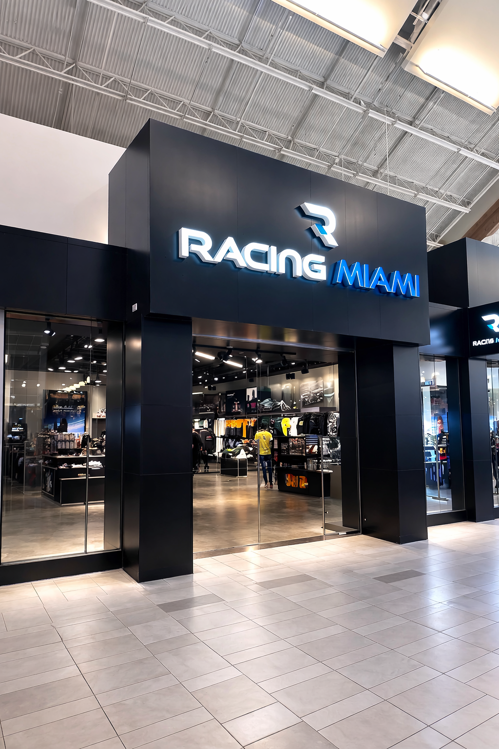 Racing Miami Formula 1 merchandise store entrance inside a shopping mall