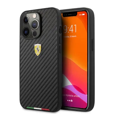 Ferrari iPhone 13 Pro Hard Case - PU Carbon with Italy Flag Line - Black