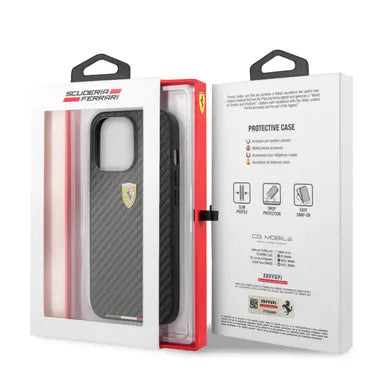 Ferrari iPhone 13 Pro Hard Case - PU Carbon with Italy Flag Line - Black