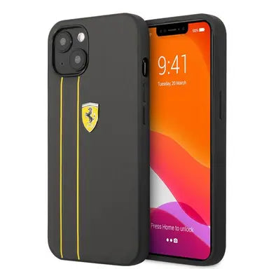 Ferrari iPhone Hard Case - Leather with Debossed Stripes & Yellow Lines - Grey