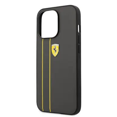 Ferrari iPhone 13 Pro Hard Case - Leather with Debossed Stripes & Yellow Lines - Grey