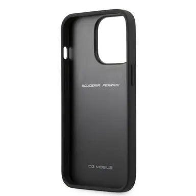 Ferrari iPhone 13 Pro Hard Case - Leather with Debossed Stripes & Yellow Lines - Grey