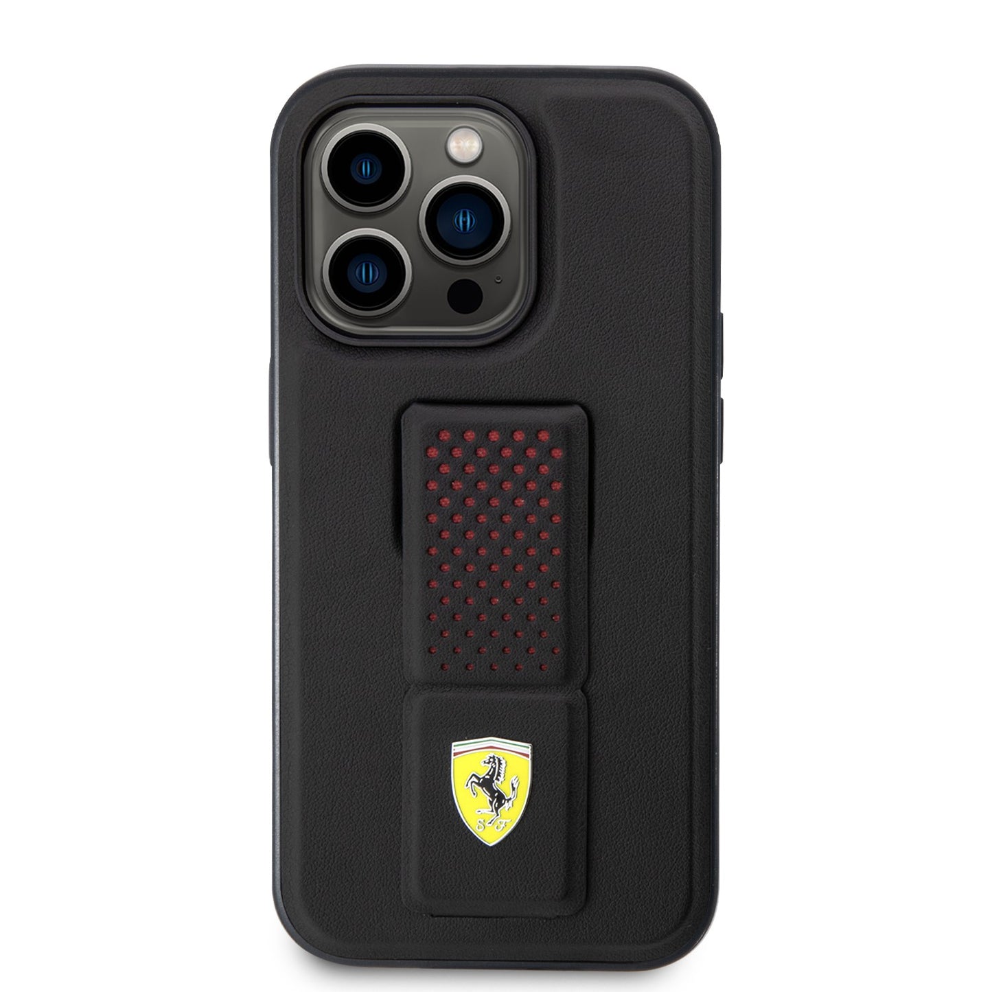 Ferrari iPhone 15 Pro Hard Case - Perforated with Grip Stand - Black