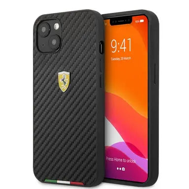 Ferrari iPhone 13 Hard Case - PU Carbon with Italy Flag Line - Black