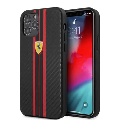 Ferrari iPhone 12 Pro Max Case - Black Carbon with Red Stripes