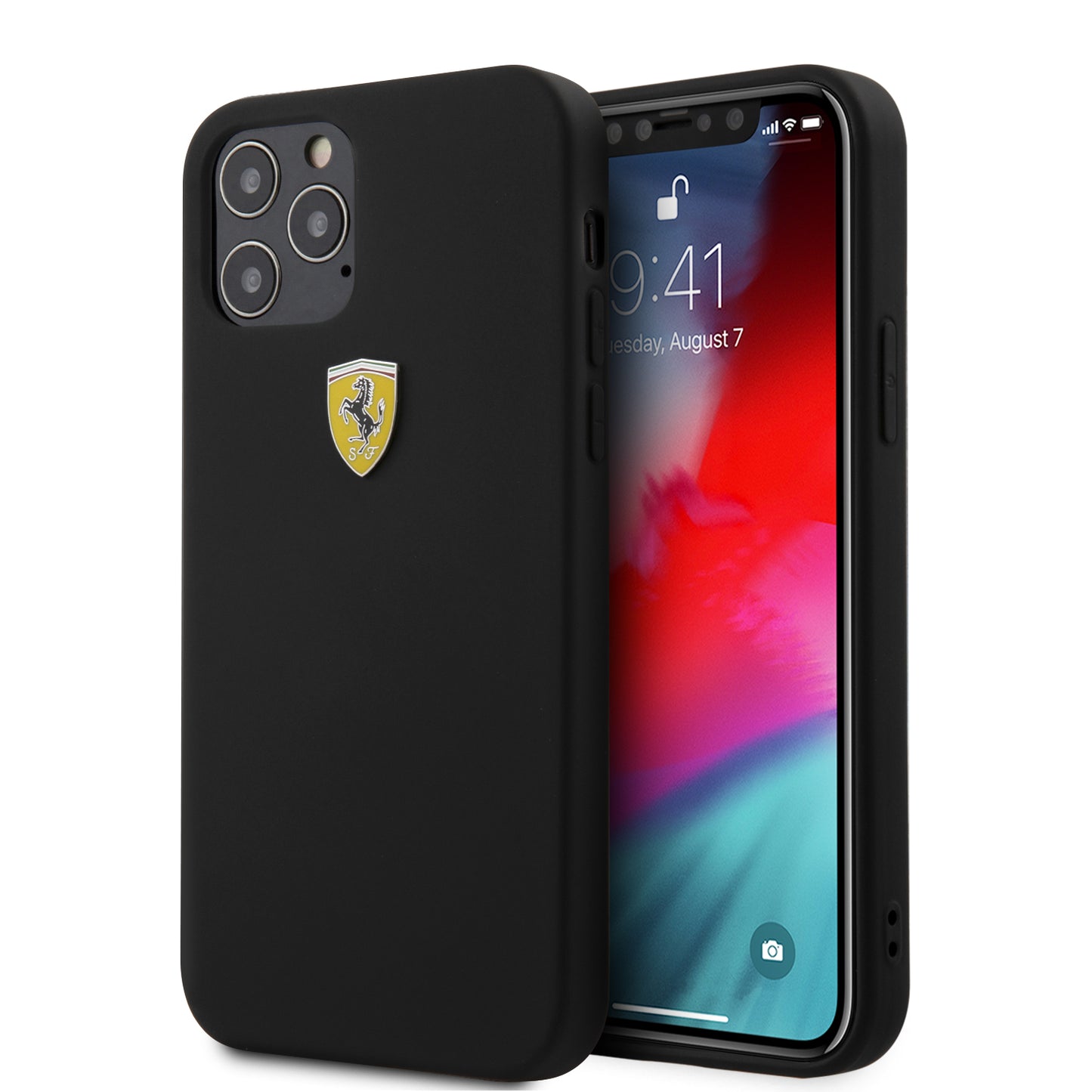 Ferrari iPhone 12 Pro Case - On Track TPU Silicone with Metal Logo - Black