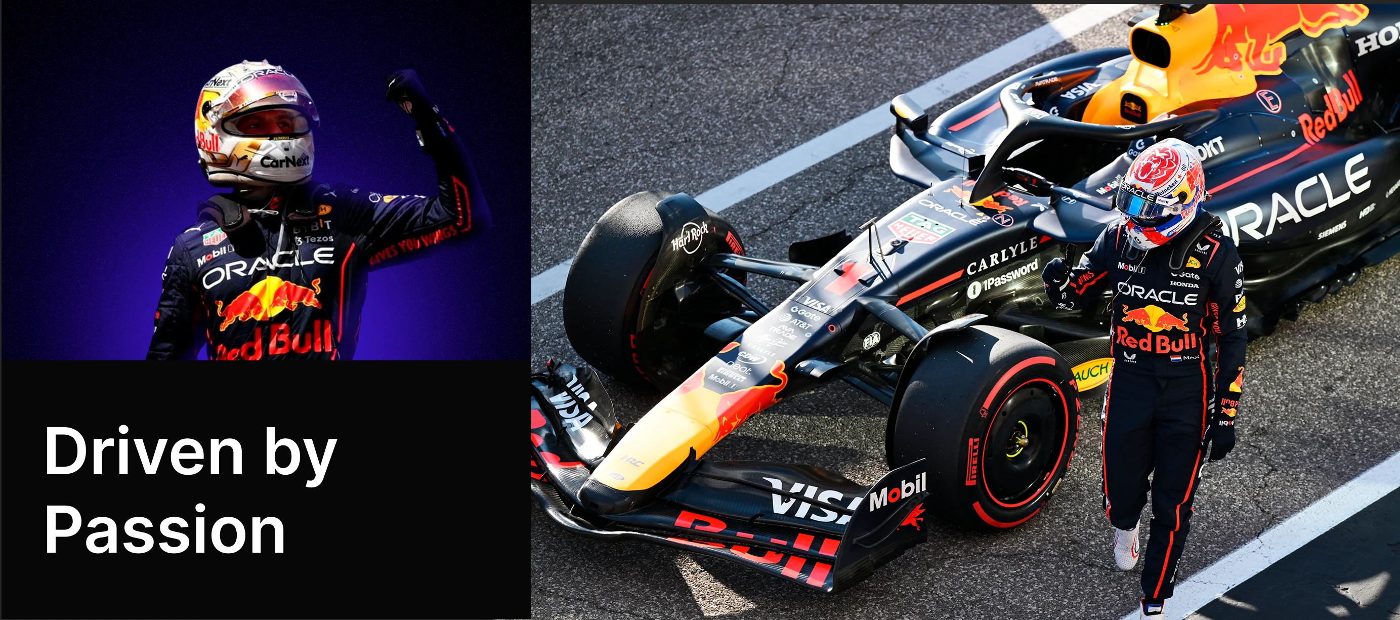 Red Bull Racing Formula 1 driver celebrating next to a Red Bull F1 car on the track