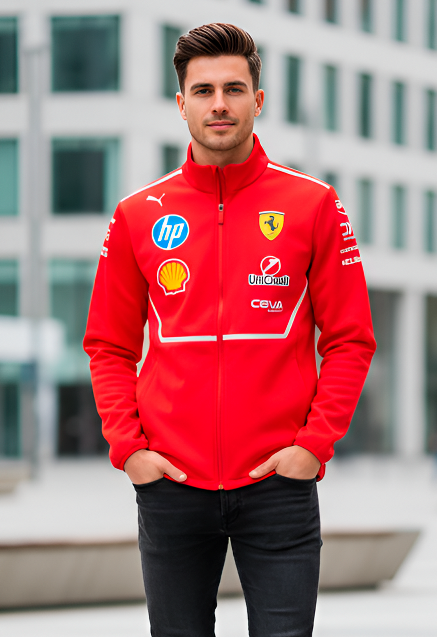 Man wearing Scuderia Ferrari Formula 1 team jacket with official sponsor logos