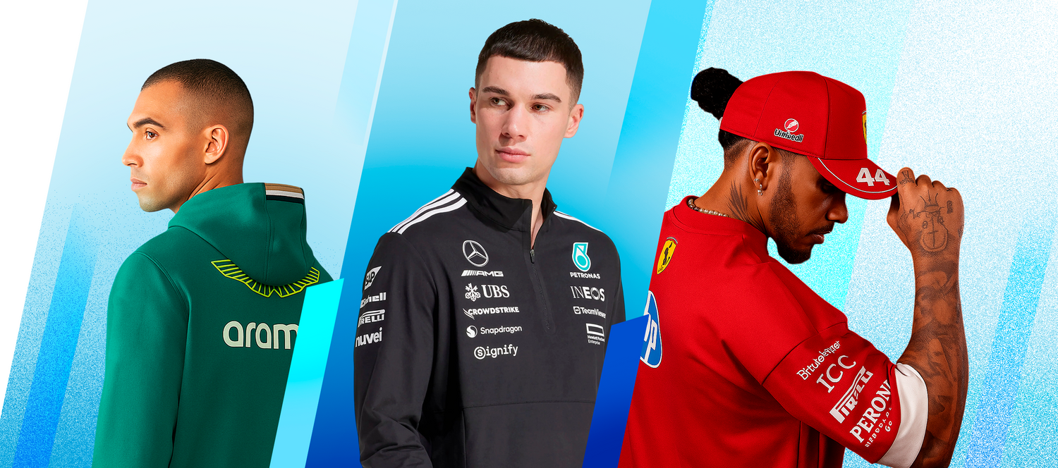 Formula 1 drivers wearing official team apparel from Aston Martin, Mercedes AMG Petronas and Ferrari