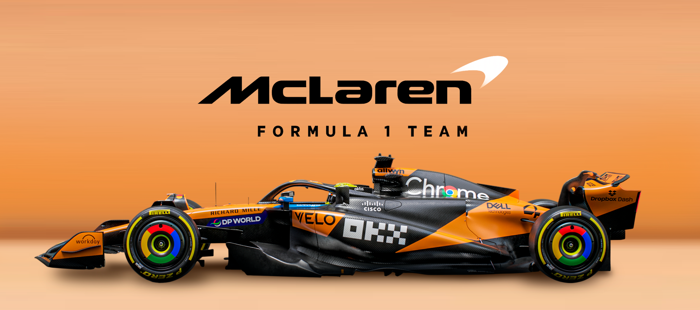 McLaren Formula 1 race car with papaya orange livery and McLaren Formula 1 Team logo