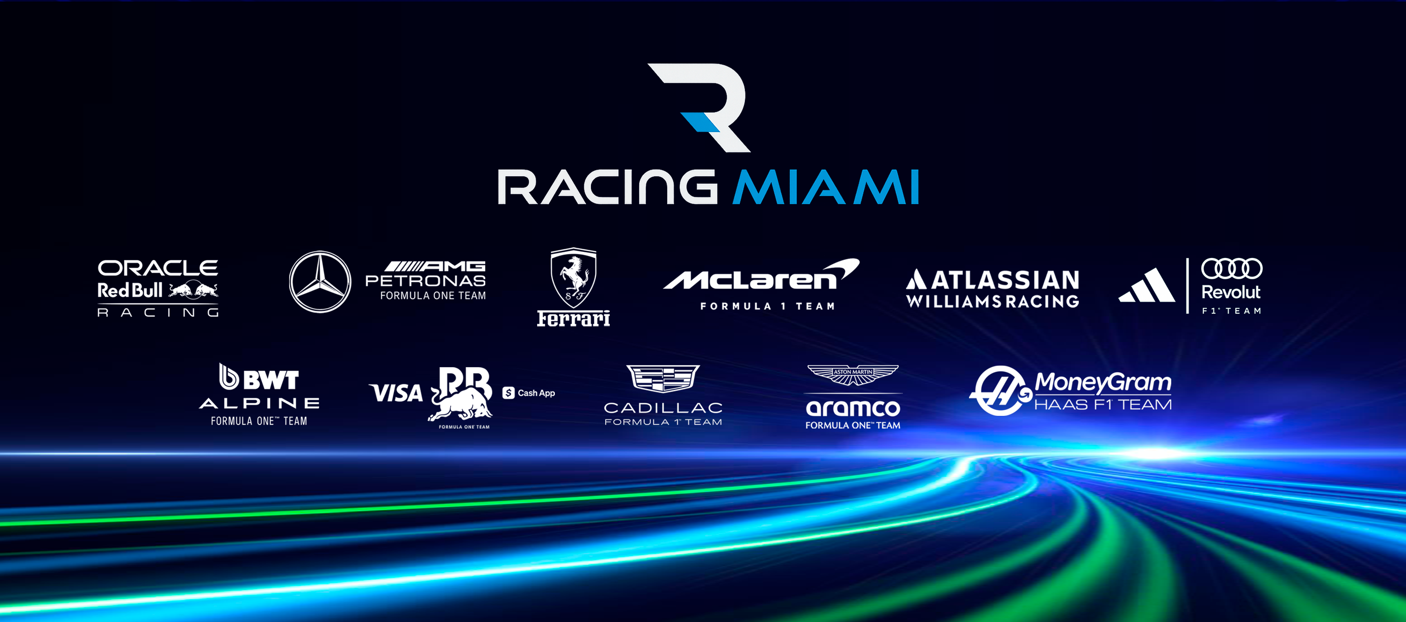 Racing Miami Formula 1 store featuring merchandise from top F1 teams like Ferrari, Red Bull, Mercedes and McLaren