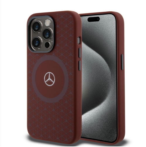 Mercedes-Benz iPhone 15 Pro MagSafe Hard Case - Liquid Silicone with Mini Star Pattern - Red