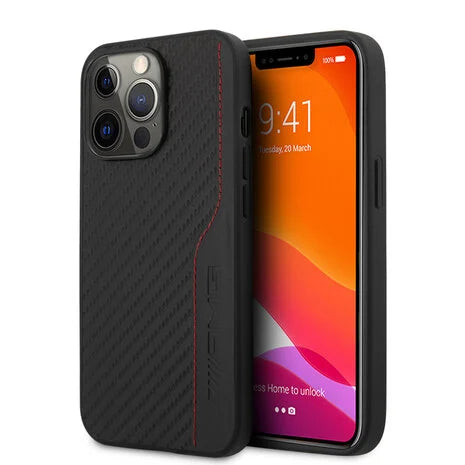 AMG iPhone 13 Pro Hard Case - Carbon & Leather with Red Stitching - Black