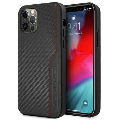 AMG iPhone 12 / iPhone 12 Pro Leather Case - Black with Red Stitching