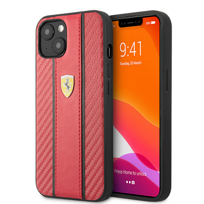 Ferrari iPhone 13 Hard Case - PU Carbon with Central Stripe - Red