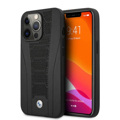 BMW iPhone 13 Hard Case - Leather with Perforated Debossed Lines - Black