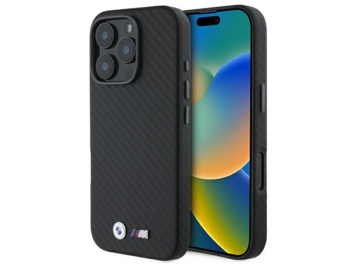 BMW M iPhone 16 Pro Max Case - PU Leather Carbon Full-Wrapped with Metal Buttons & Logos - Black