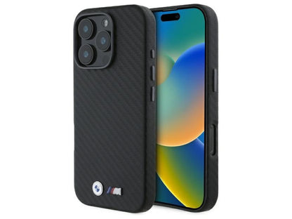 BMW M iPhone 16 Pro Max Case - PU Leather Carbon Full-Wrapped with Metal Buttons & Logos - Black