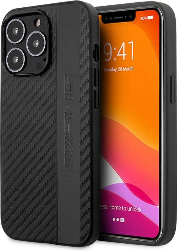 AMG iPhone 13 Pro Max Hard Case - PU Carbon with Grey Stripe & Embossed Logo - Grey