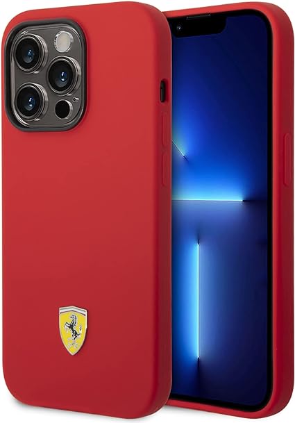 Ferrari iPhone 14 Pro Hard Case - Silicone with Metal Logo - Red