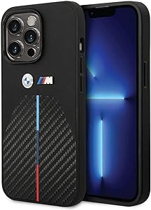 BMW M iPhone 14 Pro Max Hard Case - PU Carbon with Metal Logos - Black