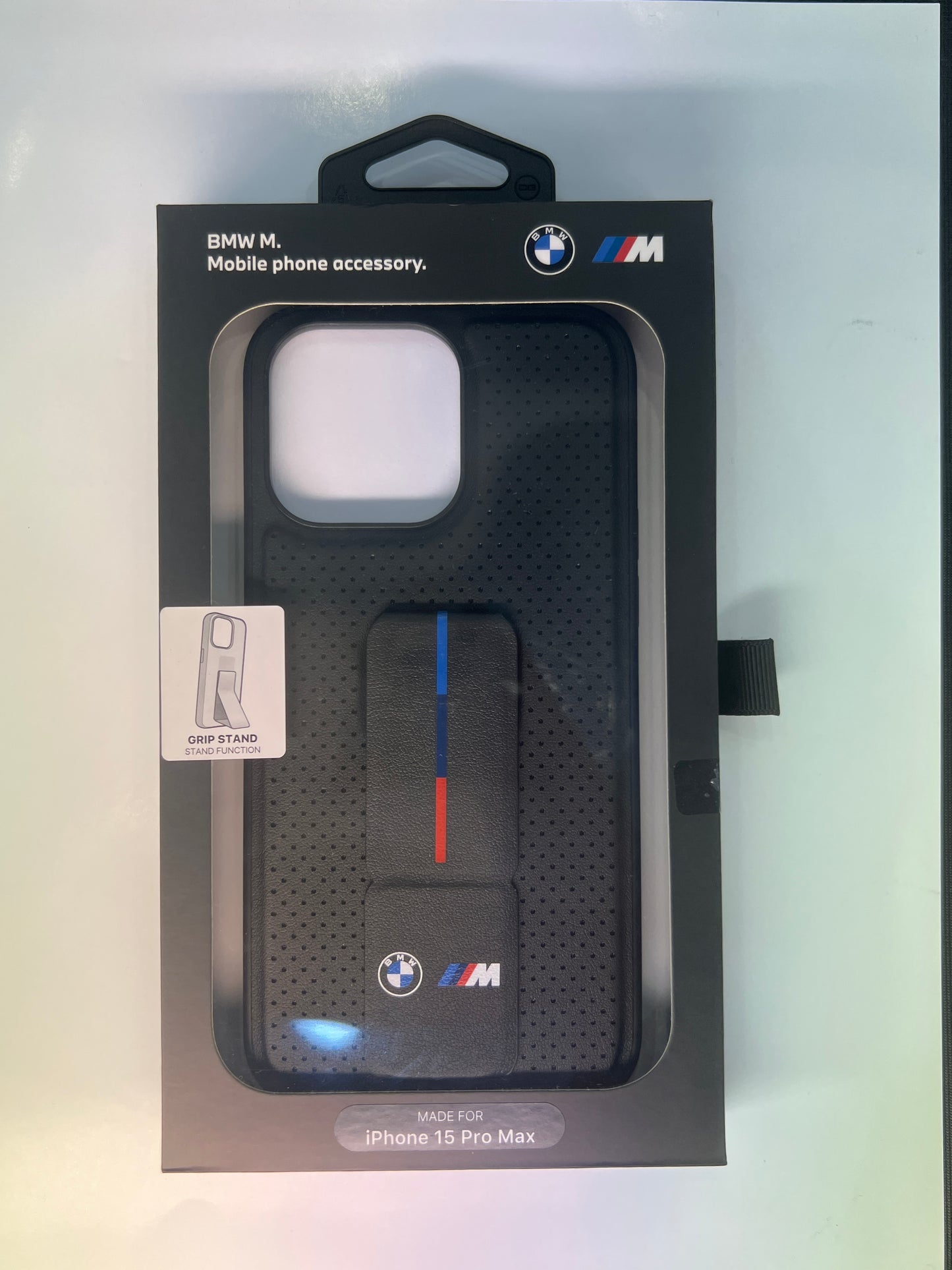BMW M iPhone 15 Pro Max Hard Case - PU Smooth & Perforated with Grip Stand - Black