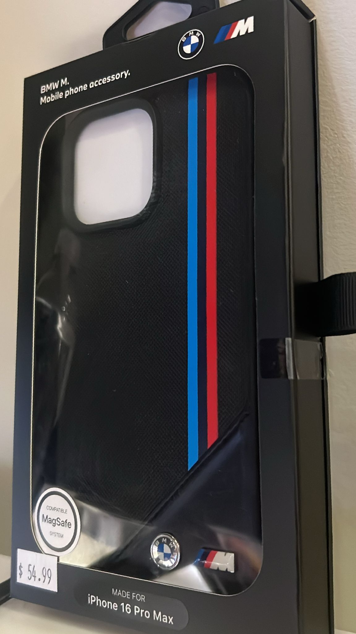 BMW M iPhone 16 Pro Max MagSafe Hard Case - PU Meshed with Tricolor Stripes - Black