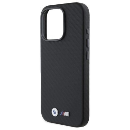 BMW M iPhone 16 Pro Max Case - PU Leather Carbon Full-Wrapped with Metal Buttons & Logos - Black