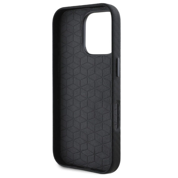 BMW M iPhone 16 Pro Max Case - PU Leather Carbon Full-Wrapped with Metal Buttons & Logos - Black