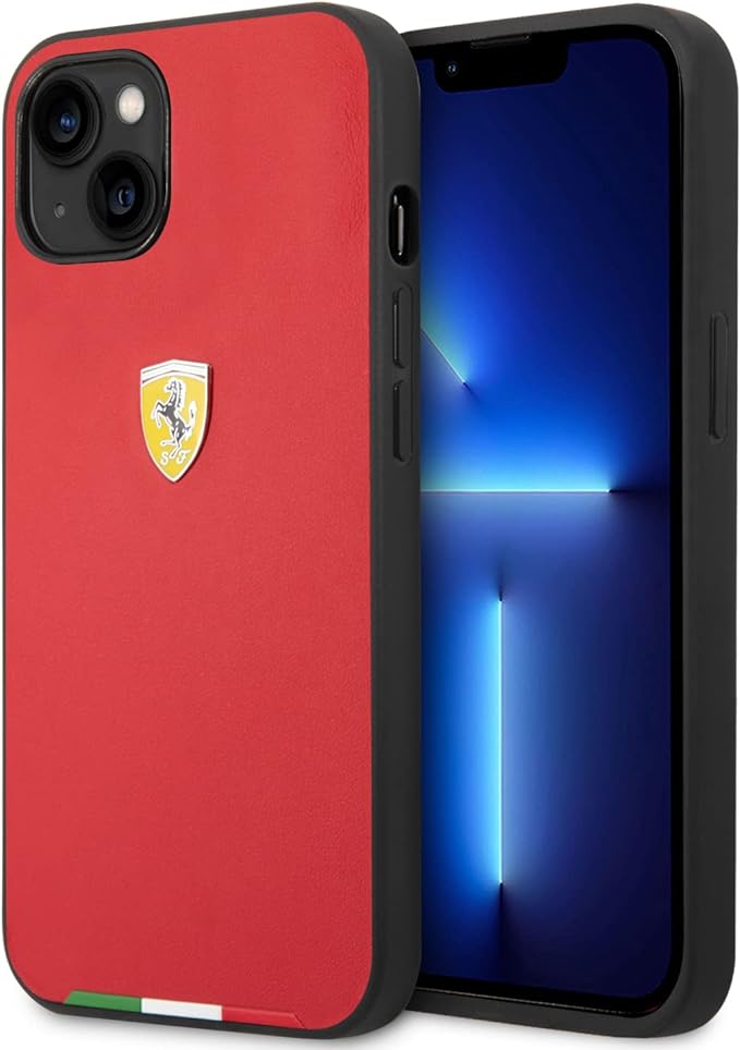 Ferrari iPhone 14 Hard Case - Smooth PU with Italy Flag Line - Red