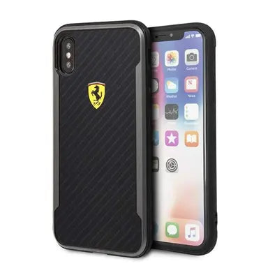 Ferrari iPhone X Hard Case - On Track Racing Shield Printed Carbon Effect - Black