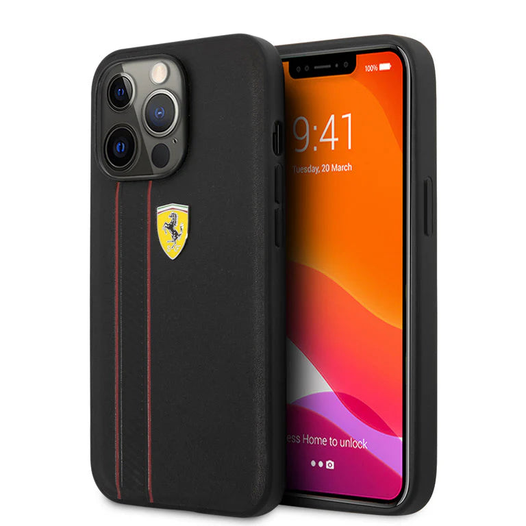 Ferrari iPhone 13 Pro Max Hard Case - Leather with Debossed Stripes & Red Lines - Black