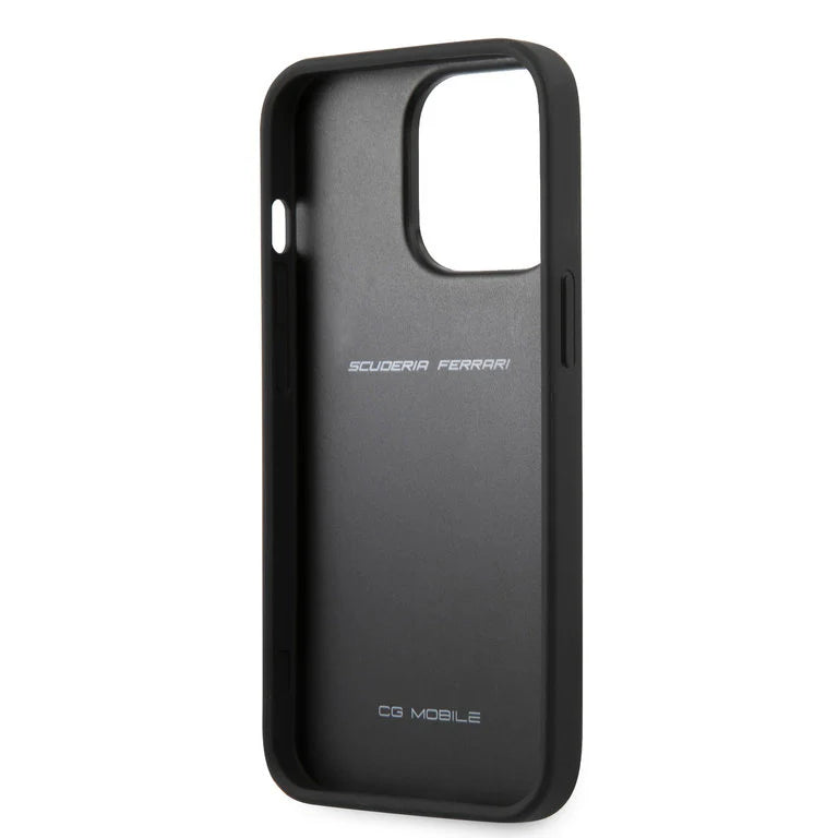 Ferrari iPhone 13 Pro Max Hard Case - Leather with Debossed Stripes & Red Lines - Black