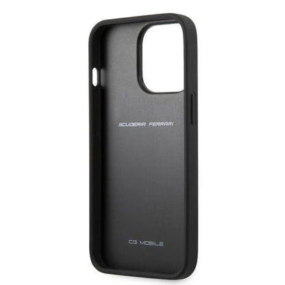 Ferrari iPhone 13 Pro Max Hard Case - Leather with Debossed Stripes & Red Lines - Black