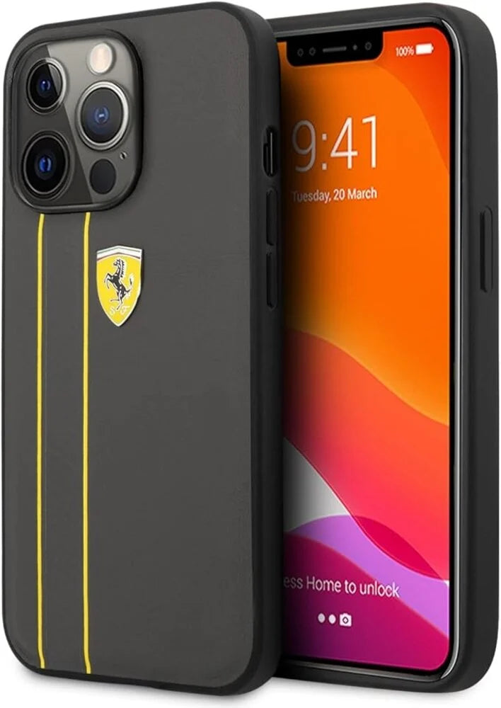 Ferrari iPhone 13 Pro Hard Case - Leather with Debossed Stripes & Yellow Lines - Grey