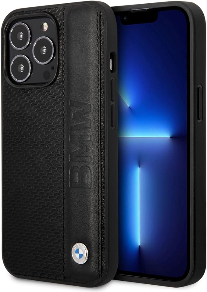 BMW iPhone 14 Pro Hard Case - Leather Textured with Stripe - Black