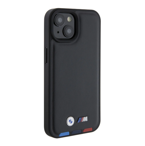 BMW M iPhone 15 Pro Hard Case - PU with Hot-Stamped Tricolor Design - Black