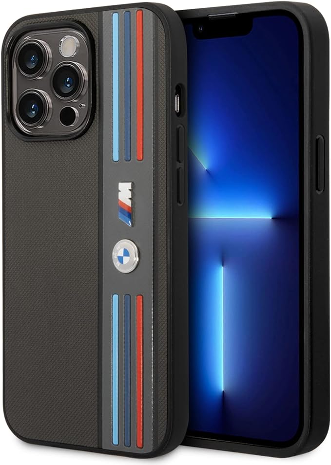 BMW M iPhone 14 Pro Hard Case - PU Mesh with Tricolor Design - Grey