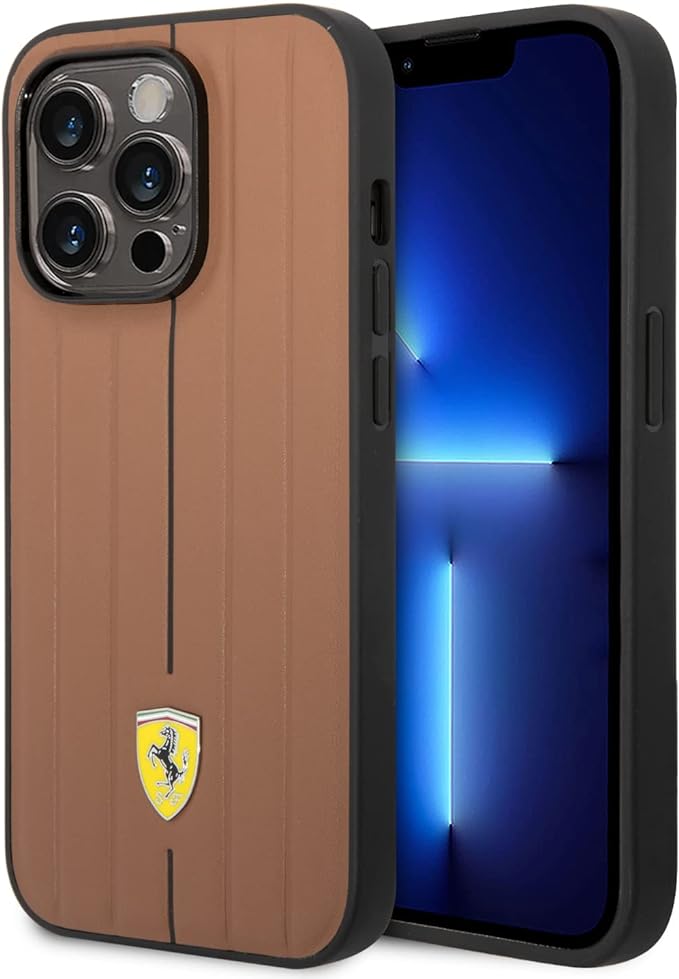 Ferrari iPhone 14 Pro Max Hard Case - Leather with Hot-Stamped Line - Camel