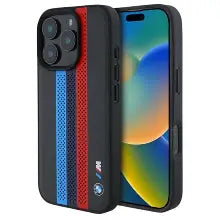 BMW M iPhone 16 Pro Max MagSafe Hard Case - PU Perforated with Tricolor Printed Stripes - Black
