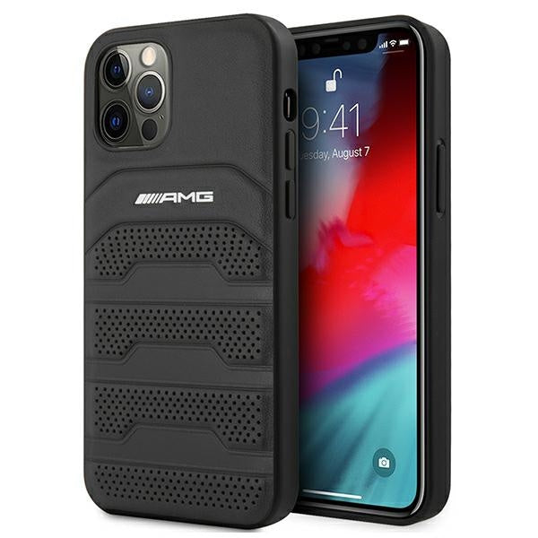 AMG iPhone 12 / iPhone 12 Pro Leather Case - Black with Debossed Lines