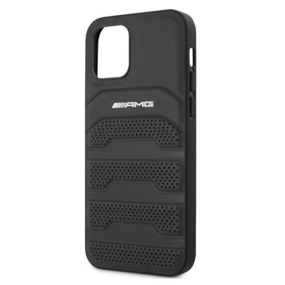 AMG iPhone 12 / iPhone 12 Pro Leather Case - Black with Debossed Lines