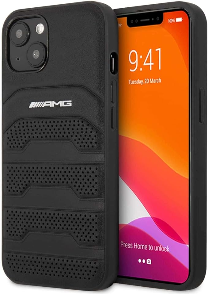 AMG iPhone 13 Hard Case - Leather with Debossed Lines & White Logo - Black
