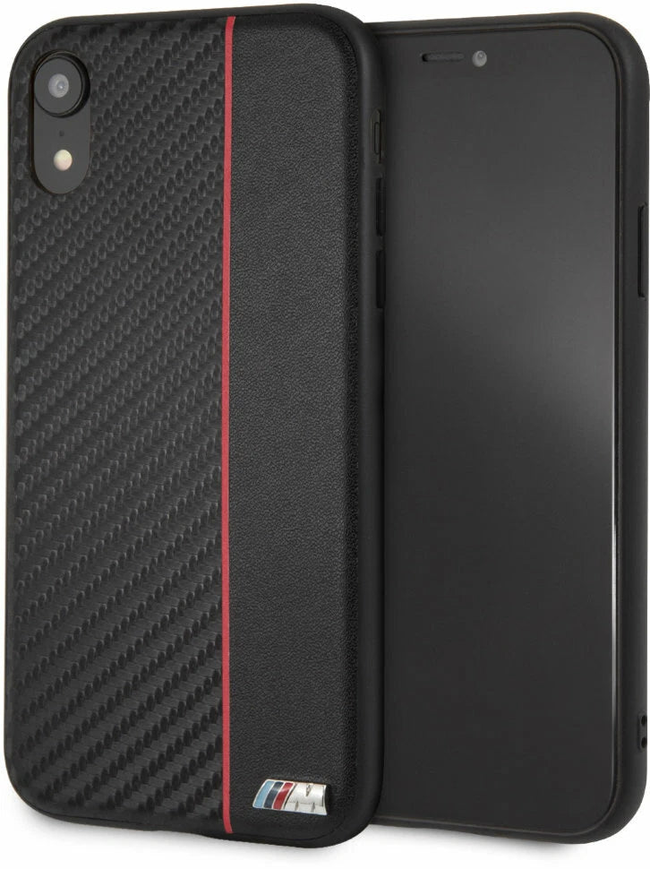 BMW iPhone XR Hard Case - Carbon Leather with Red Stripe - Black