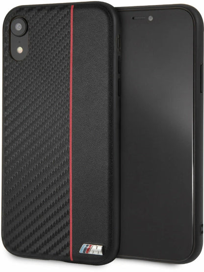 BMW iPhone XR Hard Case - Carbon Leather with Red Stripe - Black