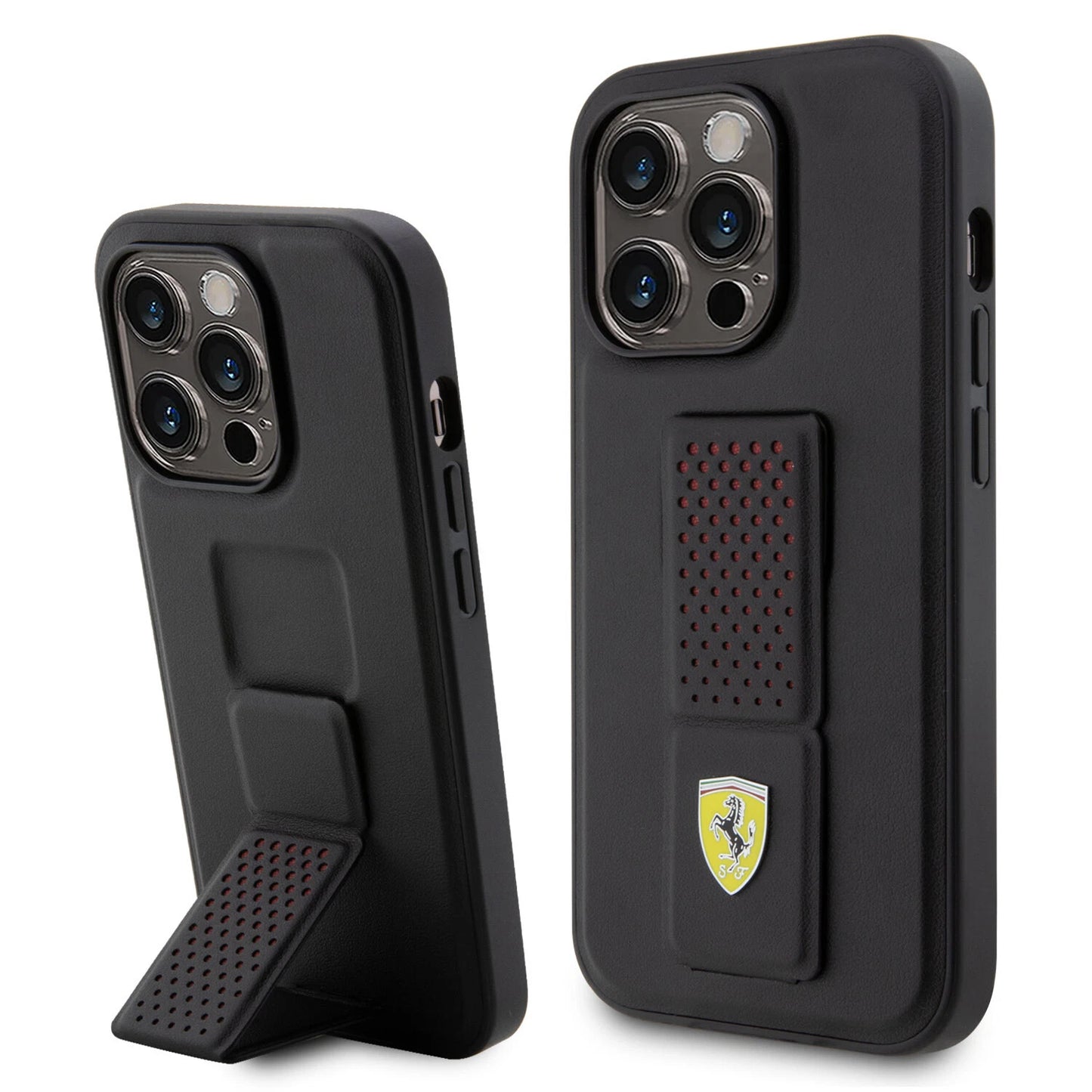 Ferrari iPhone 15 Pro Hard Case - Perforated with Grip Stand - Black