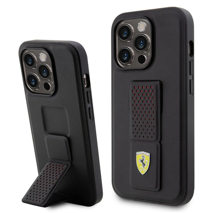 Ferrari iPhone 15 Pro Hard Case - Perforated with Grip Stand - Black