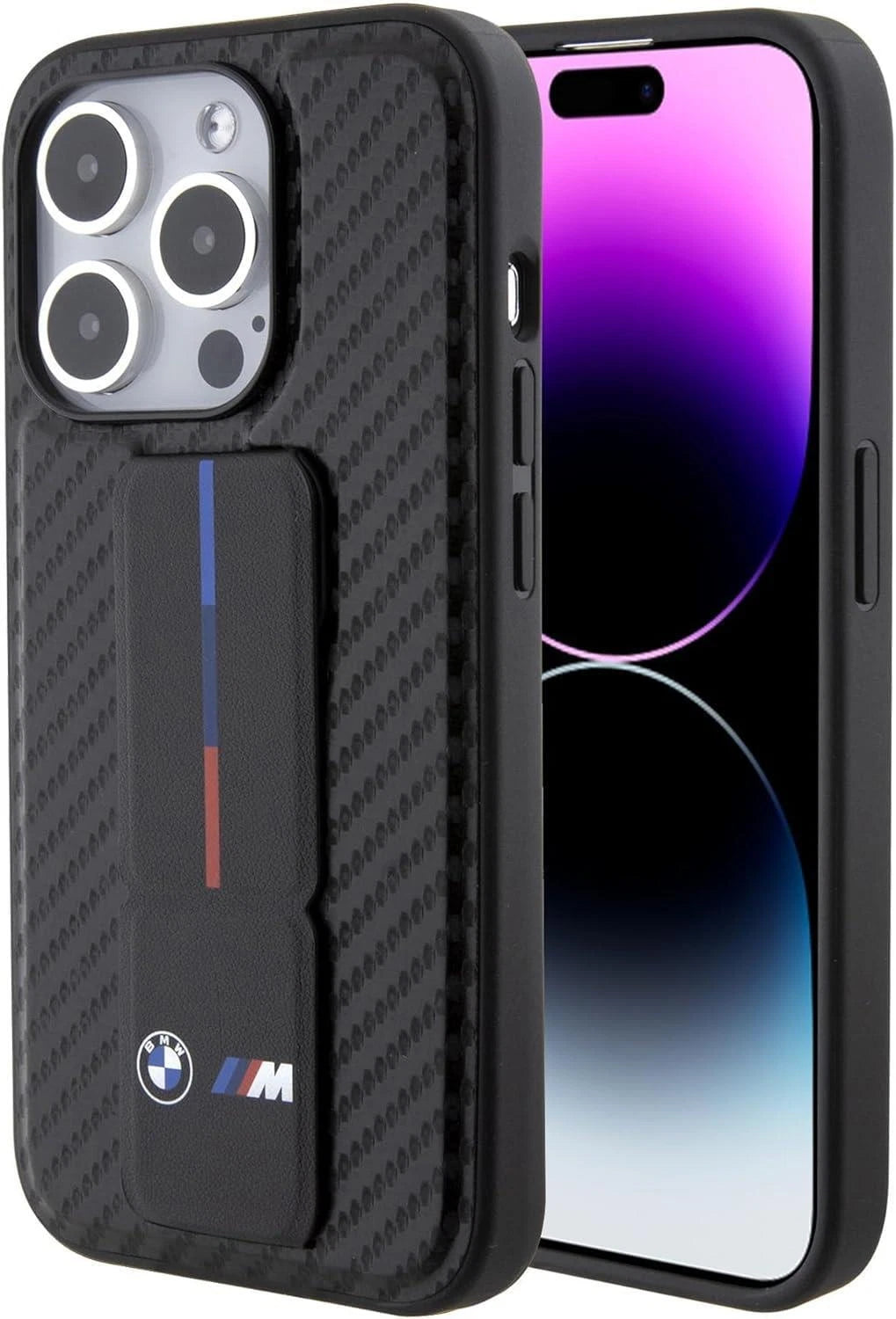 BMW M iPhone 15 Pro Hard Case - PU Smooth & Carbon with Grip Stand - Black