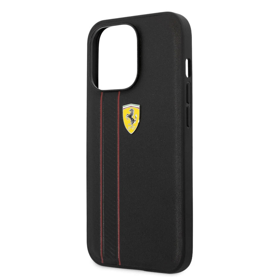 Ferrari iPhone 13 Pro Hard Case - Leather with Debossed Stripes & Red Lines - Black